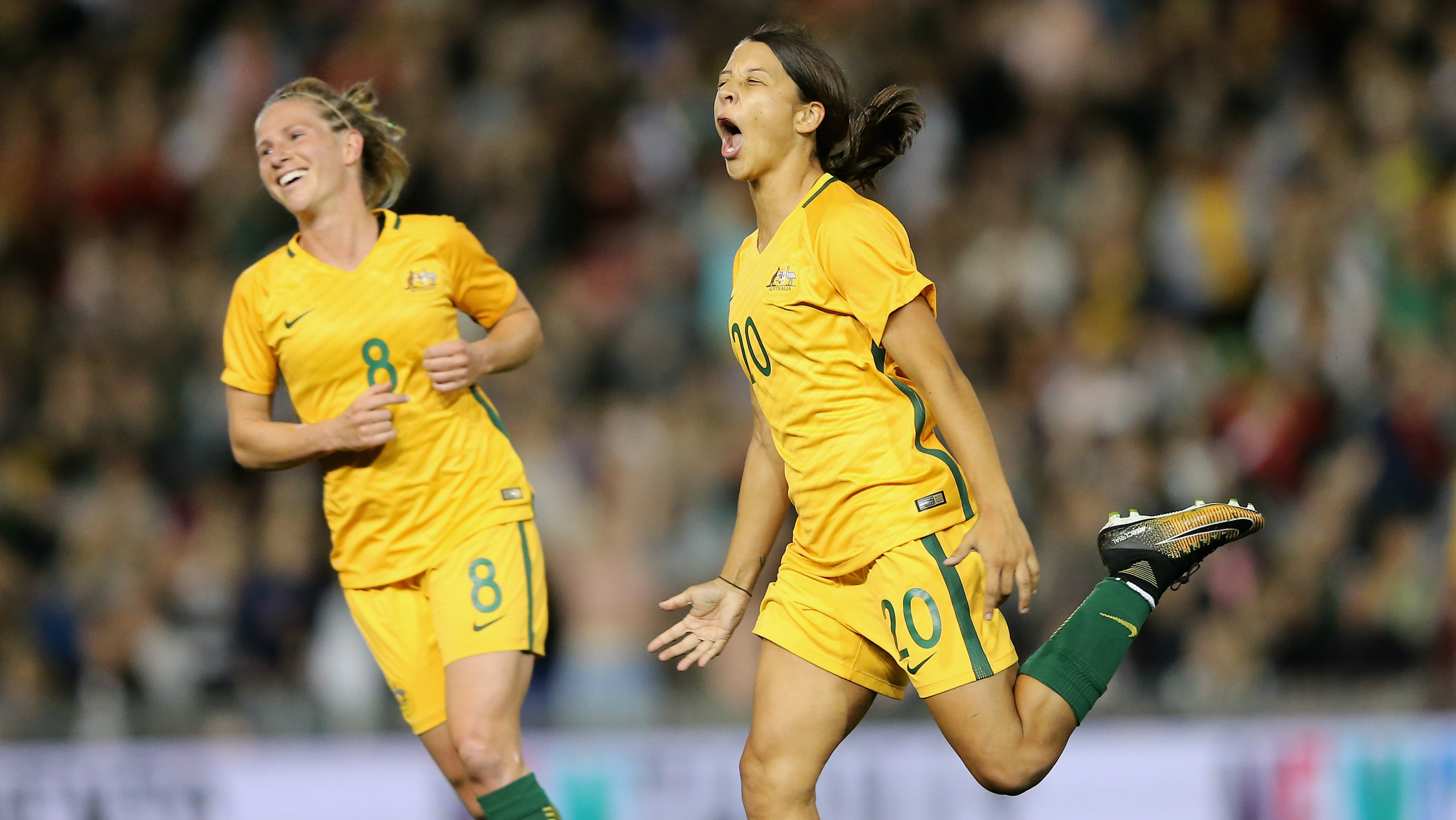 Sam Kerr celebrates a goal for the Westfield Matildas.