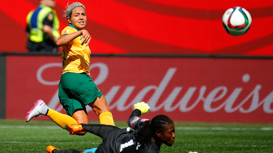 Kyah Simon scores the opening goal against Nigeria.