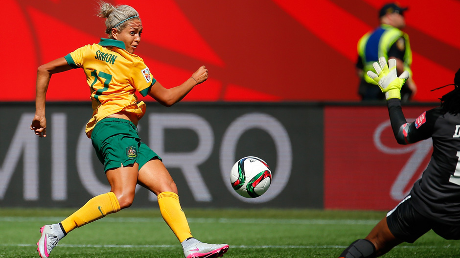 Kyah Simon nets the opener against Nigeria.