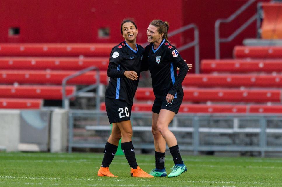 Sam Kerr celebrates for Chicago Red Stars (photo courtesy of @chiredstarsPR)