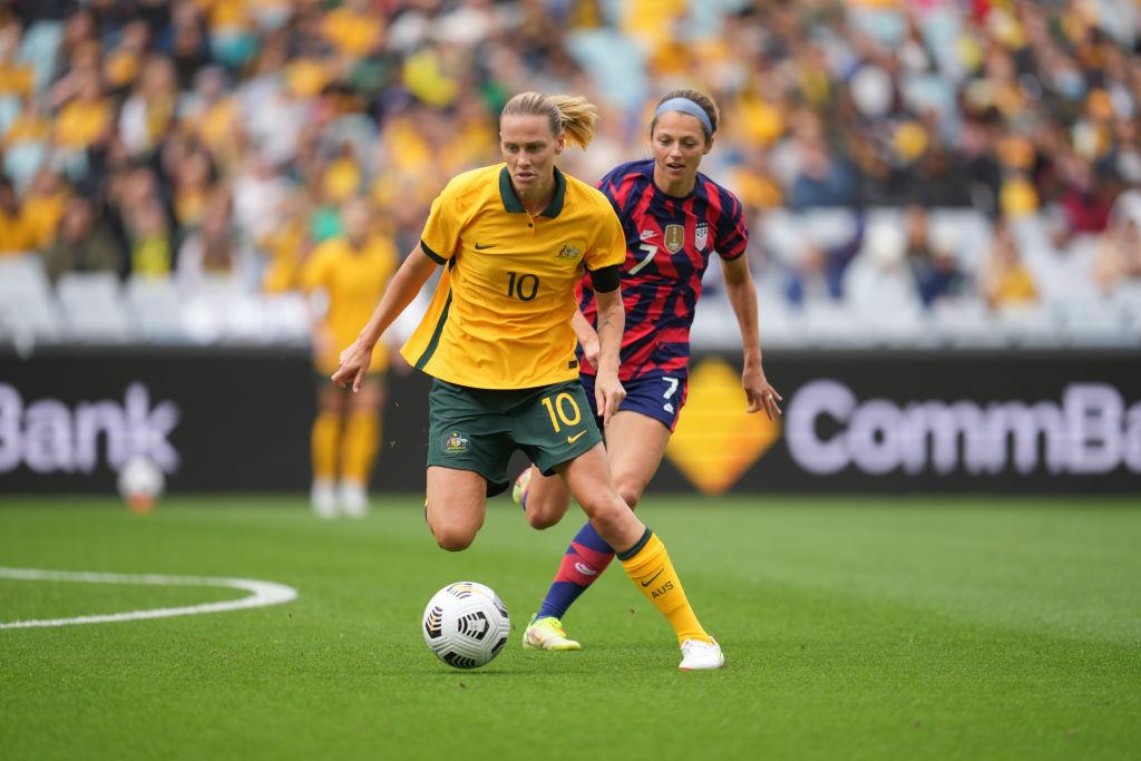 Emily van Egmond on the ball v USWNT Sydney 2021