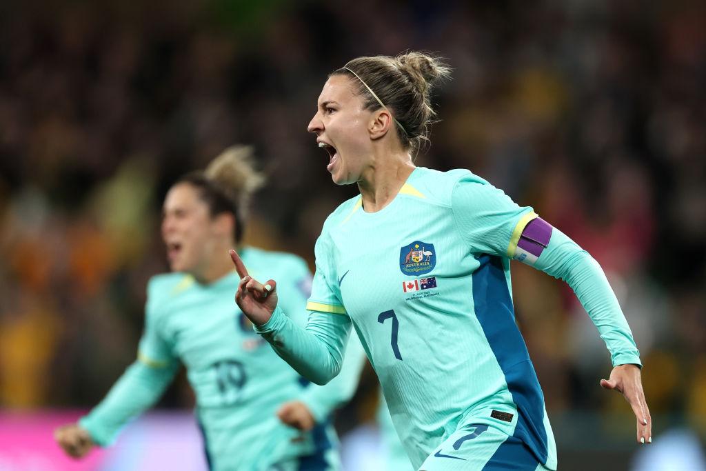 Steph Catley of Australia celebrates after scoring her sides fourth goal during the FIFA Women's World Cup Australia & New Zealand 2023 Group B match between Canada and Australia at Melbourne Rectangular Stadium on July 31, 2023 in Melbourne, Australia. (Photo by Alex Pantling - FIFA/FIFA via Getty Images)
