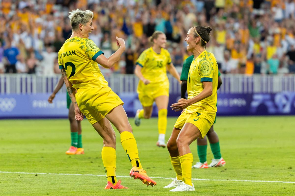 Michelle Heyman celebrates scoring against Zambia at the Paris 2024 Olympics