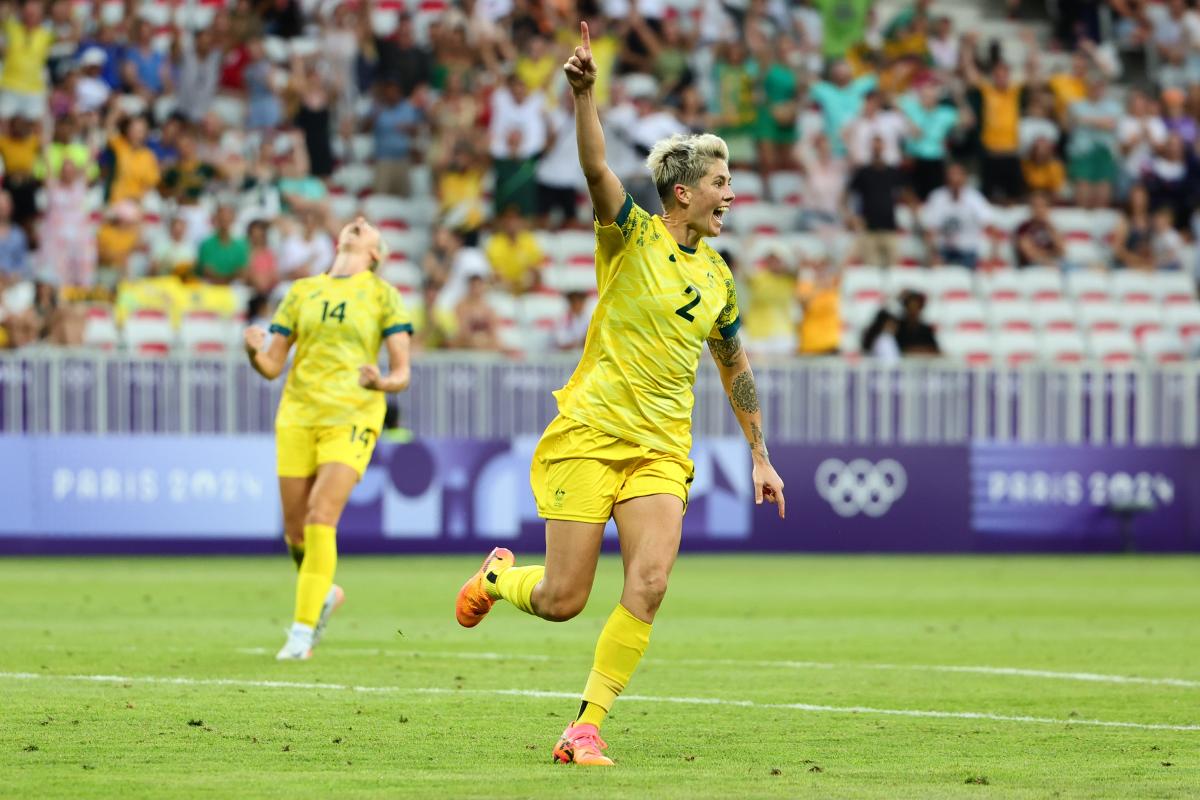 Michelle Heyman celebrates scoring against Zambia at the Paris 2024 Olympics