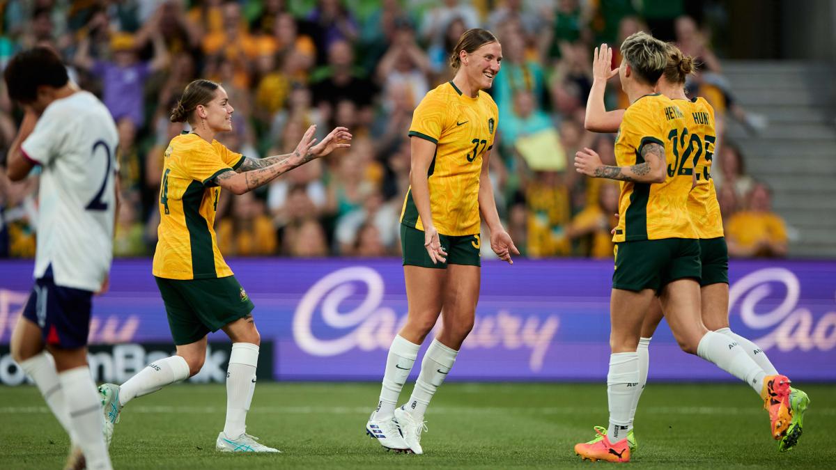 Tash Prior celebrates her first goal for Australia against Chinese Taipei at AAMI Park, Melbourne. (Photo: Rachel Bach/By The White Line)