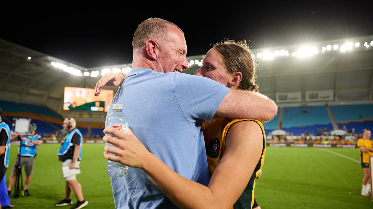 Natasha Prior with her father Spencer Prior, the former CommBank Matildas Assistant Coach from 2011-2013, following her debut at Cbus Super Stadium. (Photo: Rachel Bach/By The White Line)