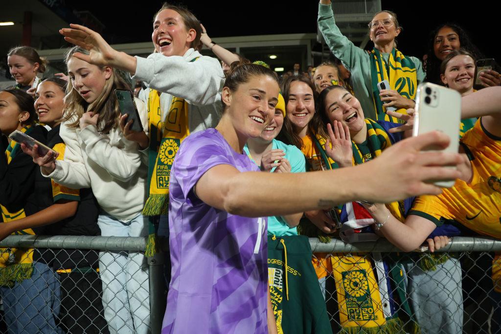 Teagan Micah of the Matildas takes a selfie with the fans after during the AFC Women's Asian Olympic Qualifier match between Australia Matildas and IR Iran at HBF Park on October 26, 2023 in Perth, Australia. (Photo by James Worsfold/Getty Images)