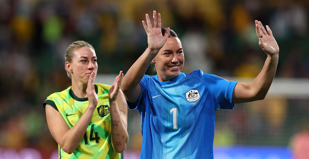 PERTH, AUSTRALIA - MARCH 13: Mackenzie Arnold of Australia and Alanna Kennedy of Australia celebrate victory during the AFC Women's Asian Cup Australia 2026 match between Australia Matildas and DPR Korea at Perth Rectangular Stadium on March 13, 2026 in Perth, Australia. (Photo by Paul Kane/Getty Images)