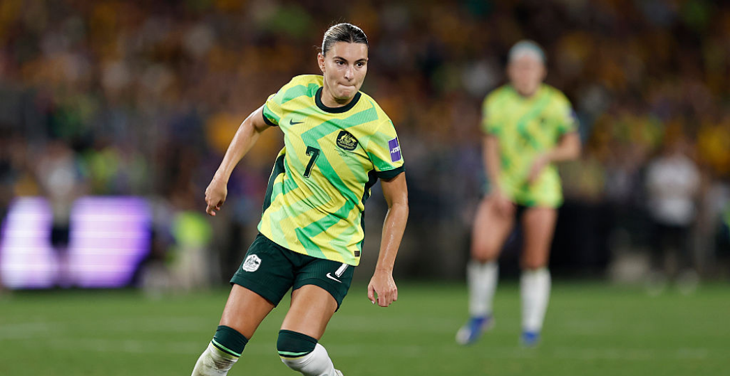 SYDNEY, AUSTRALIA - MARCH 21: Steph Catley of the Matildas controls the ball during the AFC Women's Asian Cup Australia 2026 match between Australia Matildas and Japan at Stadium Australia on March 21, 2026 in Sydney, Australia. (Photo by Brendon Thorne/Getty Images)