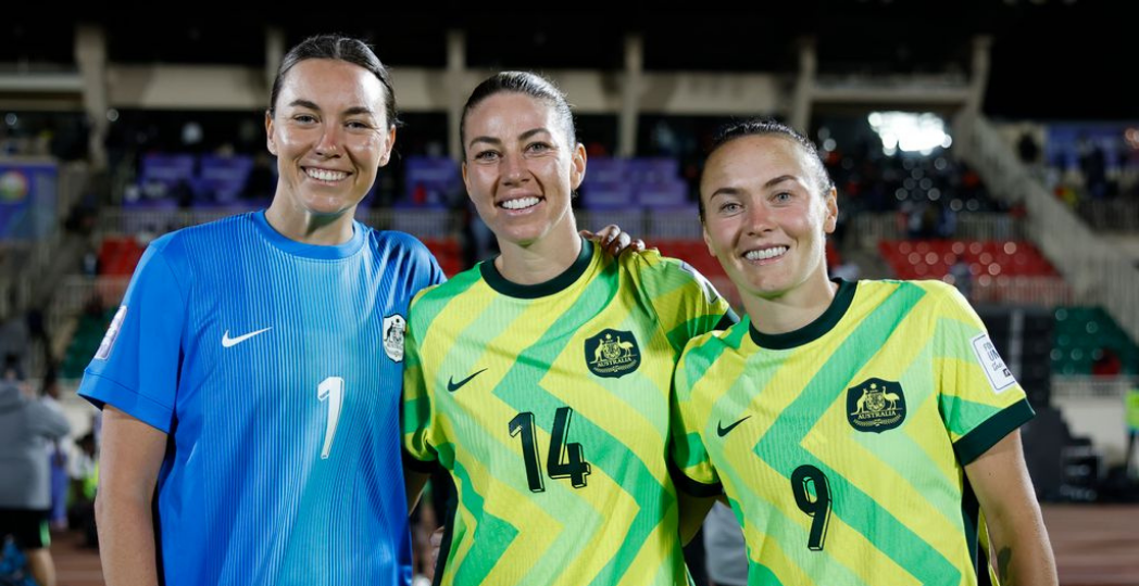 Mackenzie Arnold, Alanna Kennedy and Caitlin Foord post-match after defeating Kenya 2-0 (photo: Kunjan Malde)
