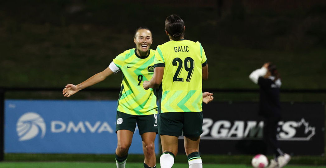 CHAMBLY, FRANCE - OCTOBER 13: Daniela Galic of Australia celebrates scoring her team’s fifth goal with Caitlin Foord during the Women's International Friendly match between Haiti and Australia at Stade Walter-Luzi on October 13, 2026 in Chambly, France. (Photo by Catherine Steenkeste/Getty Images for Football Australia)