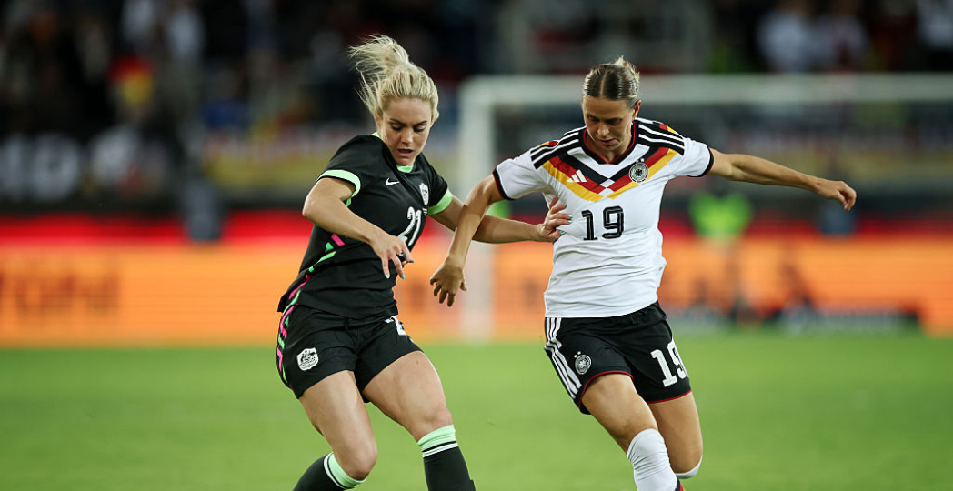 KARLSRUHE, GERMANY - OCTOBER 09: Ellie Carpenter of Australia is challenged by Klara Buhl of Germany during the Women's international friendly match between Germany and Australia at BBBank Wildpark on October 09, 2026 in Karlsruhe, Germany. (Photo by Alex Grimm/Getty Images for Football Australia)