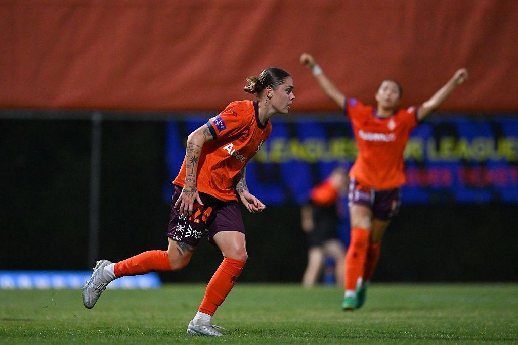 BRISBANE, AUSTRALIA - NOVEMBER 01: Sharn Freier of Brisbane celebrates scoring a goal during the round one A-League Women match between Brisbane Roar and Melbourne Victory at Spencer Park, on November 01, 2025, in Brisbane, Australia. (Photo by Albert Perez/Getty Images)