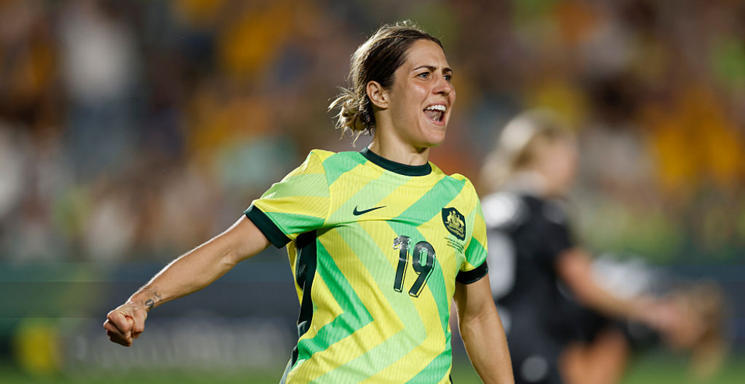 GOSFORD, AUSTRALIA - NOVEMBER 28: Katrina Gorry of the Matildas celebrates scoring a goal during the International Friendly match between Australia Matildas and New Zealand Football Ferns at Polytec Stadium on November 28, 2025 in Gosford, Australia. (Photo by Darrian Traynor/Getty Images)