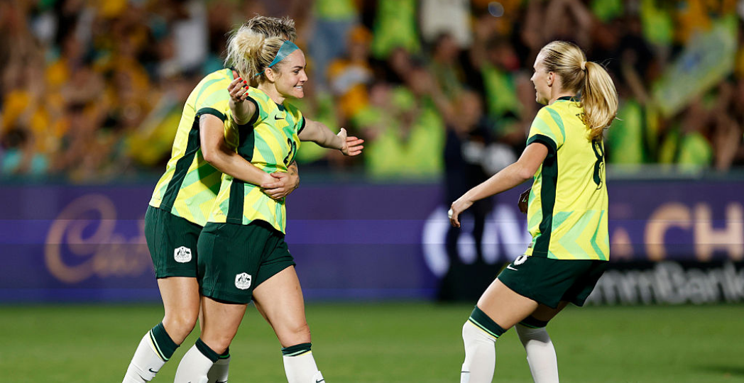 GOSFORD, AUSTRALIA - NOVEMBER 28: Ellie Carpenter of the Matildas celebrates scoring a goal during the International Friendly match between Australia Matildas and New Zealand Football Ferns at Polytec Stadium on November 28, 2025 in Gosford, Australia. (Photo by Darrian Traynor/Getty Images)