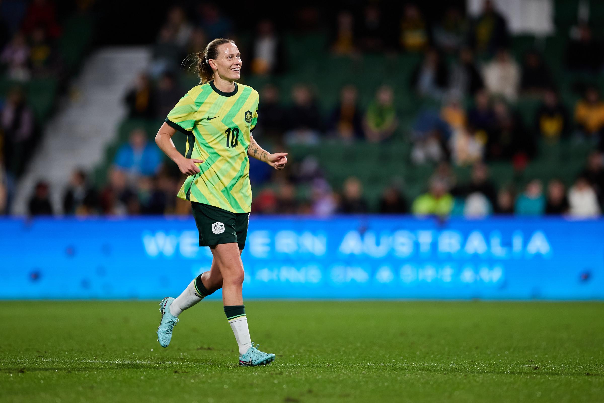 Emily van Egmond smiles during the CommBank Matildas match against Panama - Rachel Bach / By The White Line 