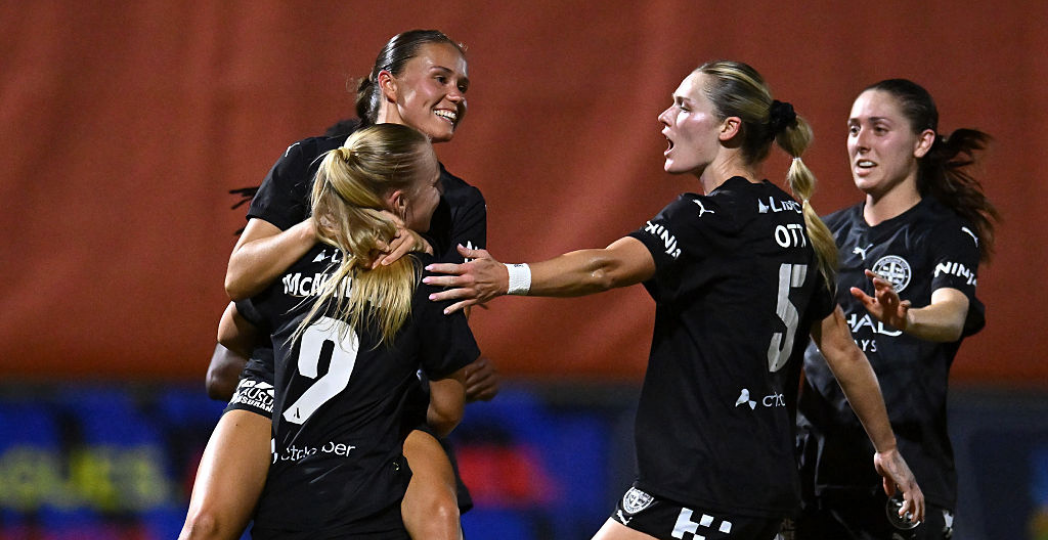 BRISBANE, AUSTRALIA - JANUARY 20: Holly McNamara of Melbourne City celebrates with team mates after scoring a goal from a penalty kick during the round eight A-League Women match between Brisbane Roar and Melbourne City at Imperial Corp Stadium, on January 20, 2026, in Brisbane, Australia. (Photo by Albert Perez/Getty Images)