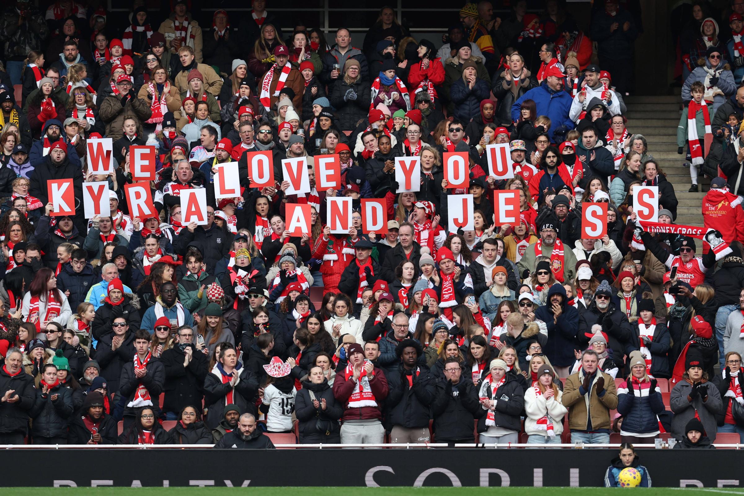 Arsenal v Man Utd Women 10 January 2026, London - Barclays Women™s Super League Football - Arsenal v Manchester United, ManU Women - Arsenal fans showing a message of support for Kyra Cooney-Cross and her ill mother Jess - Photo: Charlotte Wilson Offside. London UK