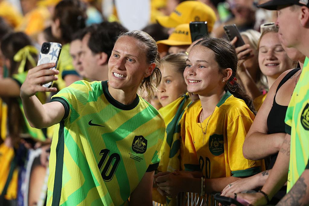 Emily van Egmond of Australia poses with fans during the International Friendly match between Australia Matildas and New Zealand Football Ferns at Polytec Stadium on November 28, 2025 in Gosford, Australia. (Photo by Scott Gardiner/Getty Images)
