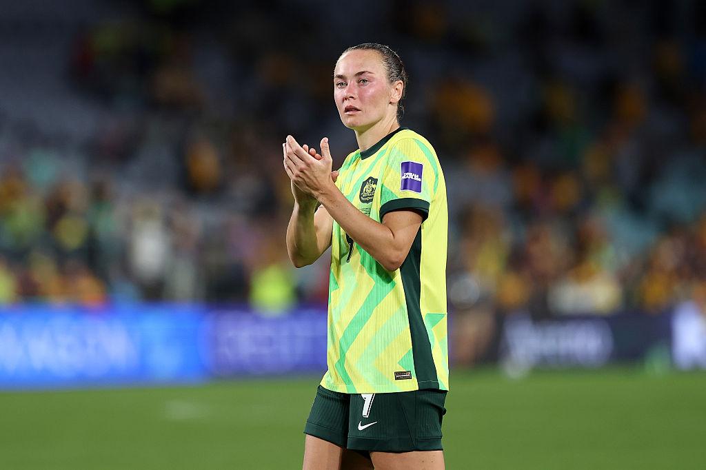 Caitlin Foord of Australia applauds the fans during the AFC Women's Asian Cup Australia 2026 match between Australia Matildas and Korea Republic at Stadium Australia on March 08, 2026 in Sydney, Australia. (Photo by Cameron Spencer/Getty Images)