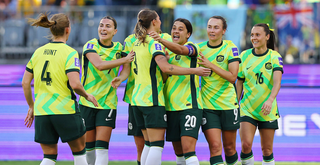 PERTH, AUSTRALIA - MARCH 01: Sam Kerr of Australia celebrates with teammates after scoring the teams first goal during the AFC Women's Asian Cup Australia 2026 match between Australia Matildas and Phillippines at Perth Stadium on March 01, 2026 in Perth, Australia. (Photo by Paul Kane/Getty Images)