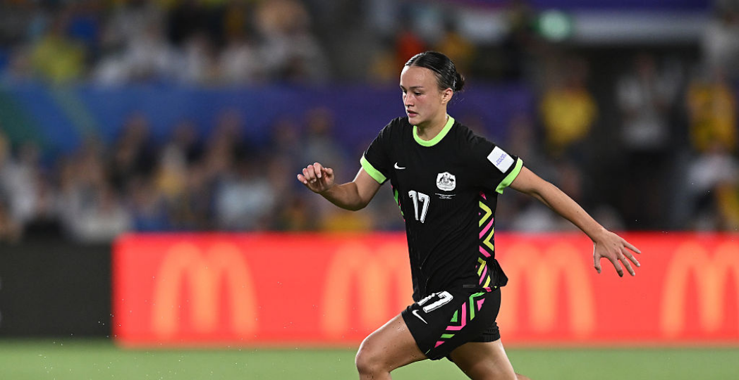 GOLD COAST, AUSTRALIA - MARCH 05: Amy Sayer of Australia runs with the ball during the AFC Women's Asian Cup Australia 2026 match between Islamic Republic of Iran and Australia Matildas at Gold Coast Stadium on March 05, 2026 in Gold Coast, Australia. (Photo by Albert Perez/Getty Images)