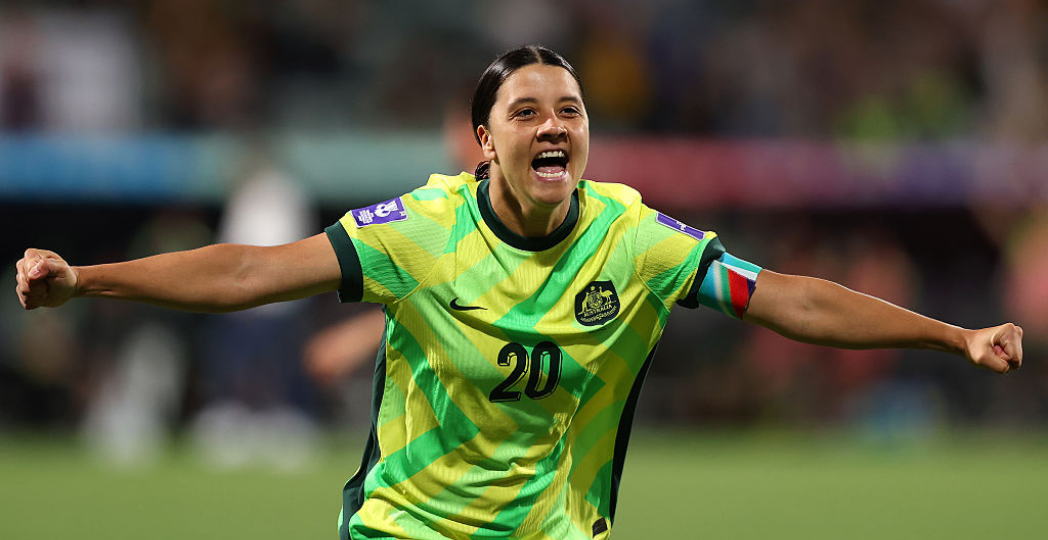 PERTH, AUSTRALIA - MARCH 13: Sam Kerr of Australia celebrates a goal during the AFC Women's Asian Cup Australia 2026 match between Australia Matildas and DPR Korea at Perth Rectangular Stadium on March 13, 2026 in Perth, Australia. (Photo by Paul Kane/Getty Images)