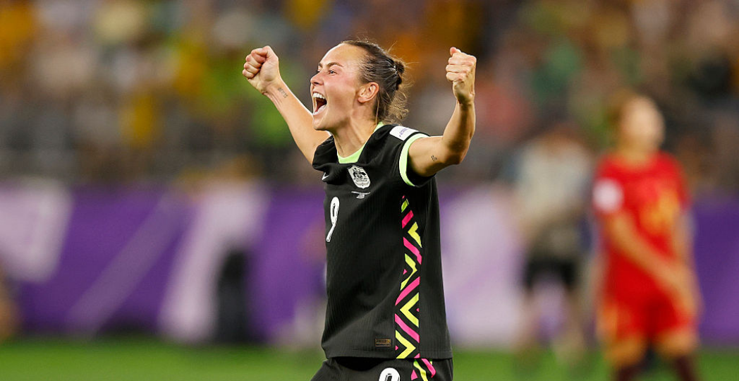 PERTH, AUSTRALIA - MARCH 17: Caitlin Foord of Australia celebrates the win during the AFC Women's Asian Cup Australia 2026 Semi Final match between Australia Matildas and China PR at Perth Stadium on March 17, 2026 in Perth, Australia. (Photo by James Worsfold/Getty Images)
