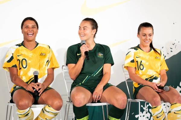 Sam Kerr, Caitlin Foord and Hayley Raso in the new Westfield Matildas kit.
