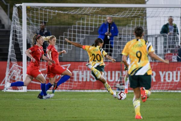 Sam Kerr of Australia shoots for Westfield Matildas against USA
