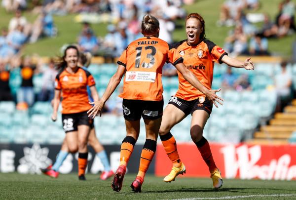 Tameka Yallop and Mariel Hecher celebrate a Brisbane Roar goal 