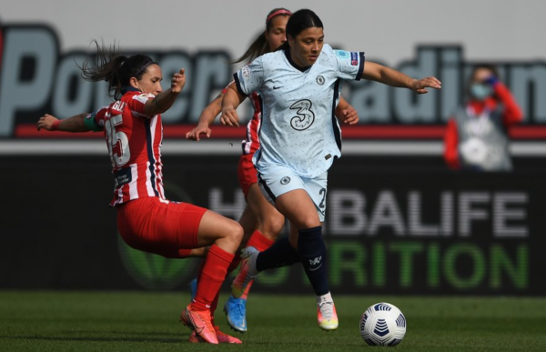 Sam Kerr plays against Atletico Madrid in the second leg of their round of 16 champions league tie