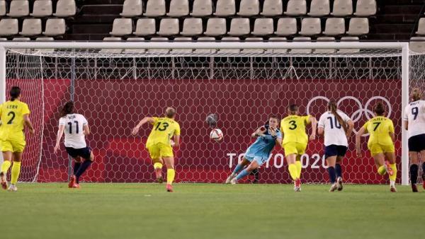 Teagan Micah saves Caroline Weir's penalty at the Olympics 