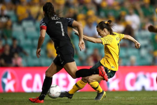 Hayley Raso of the Matildas kicks a goal during the Cup of Nations match between the Australian Matildas and New Zealand Football Ferns at Leichhardt Oval on February 28, 2019 in Sydney, Australia. (Photo by Cameron Spencer/Getty Images)