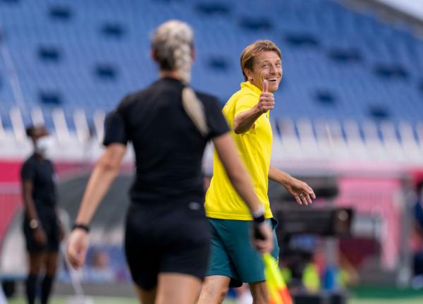 Tony Gustavsson of Australia talks with a referee during a game between Australia and Sweden at Saitama Stadium on July 24, 2021 in Tokyo, Japan. (Photo by Brad Smith/ISI Photos/Getty Images)