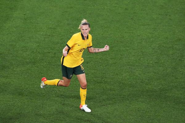 Emily van Egmond of the Matildas celebrates scoring a goal during the Women's International Friendly match between the Australia Matildas and Brazil at CommBank Stadium on October 23, 2021 in Sydney, Australia. (Photo by Matt King/Getty Images)