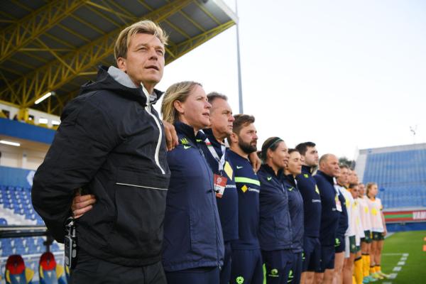 Tony Gustavsson, Head coach of Australia looks on prior to the Women's International Friendly match between Portugal and Australia at Estadio Antonio Coimbra da Mota on June 28, 2022 in Estoril, Portugal. (Photo by Octavio Passos/Getty Images)