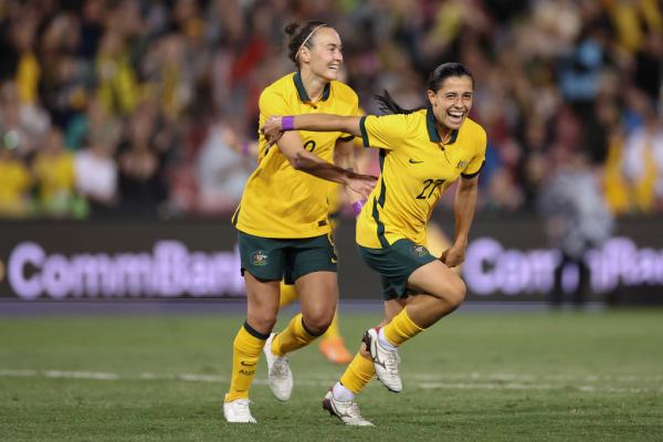 Alex Chidiac of the Matildas celebrates a goal with Caitlin Foord during the Cup of Nations match between the Australia Matildas and Jamaica at McDonald Jones Stadium on February 22, 2023 in Newcastle, Australia. (Photo by Cameron Spencer/Getty Images)
