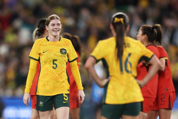 SYDNEY, AUSTRALIA - JUNE 03: Cortnee Vine of Australia celebrate victory with Hayley Raso of Australia during the international friendly match between Australia Matildas and China PR at Accor Stadium on June 03, 2024 in Sydney, Australia. (Photo by Matt King/Getty Images)