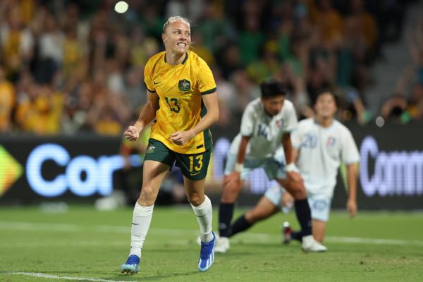  Tameka Yallop of Australia celebrates a goal during the AFC Women's Asian Olympic Qualifier match between Australia and Chinese Taipei at HBF Park at HBF Park on November 01, 2023 in Perth, Australia. (Photo by Paul Kane/Getty Images)
