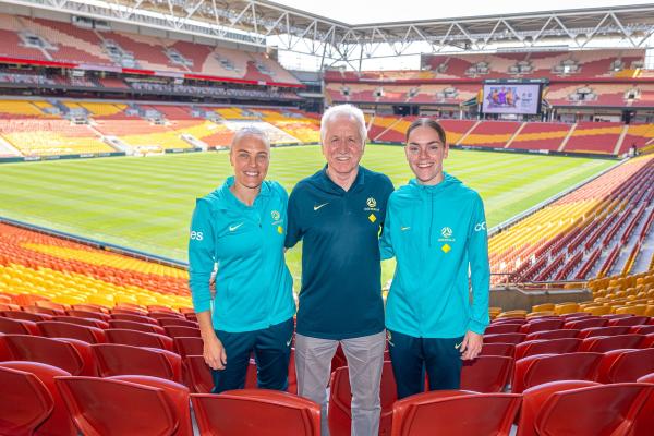 Tameka Yallop, Tom Sermanni and Sharn Freier at Suncorp Stadium. Photo: Erick Lucero