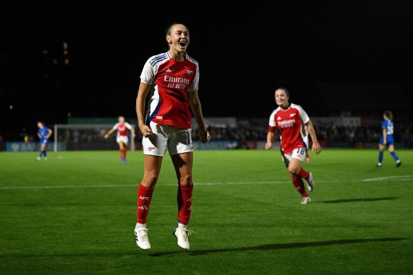  Caitlin Foord of Arsenal celebrates scoring her team's fourth goal during the UEFA Women's Champions League 2024/25 First Round Mini-Tournament match between Arsenal FC and Rangers FC at Meadow Park on September 04, 2024 in Borehamwood, England. (Photo by Justin Setterfield/Getty Images)