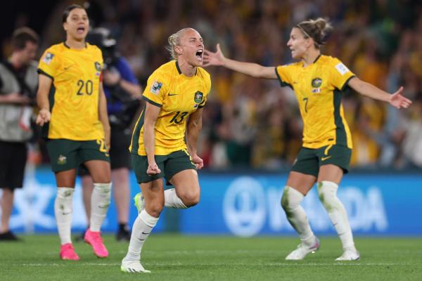 BRISBANE, AUSTRALIA - AUGUST 12: Tameka Yallop of Australia celebrates scoring her team's seventh penalty in the penalty shoot out during the FIFA Women's World Cup Australia & New Zealand 2023 Quarter Final match between Australia and France at Brisbane Stadium on August 12, 2023 in Brisbane / Meaanjin, Australia. (Photo by Elsa - FIFA/FIFA via Getty Images)