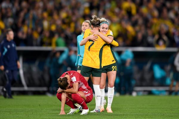 Ellie Carpenter of Australia and Steph Catley of Australia celebrate winning the Women s World Cup round of 16 football match between the Australia Matildas and Denmark at Stadium Australia on August 07, 2023 in Sydney, Australia. (Photo by Steven Markham Icon Sportswire) SOCCER: AUG 07 Women s World Cup Rd 16 - Australia v Denmark