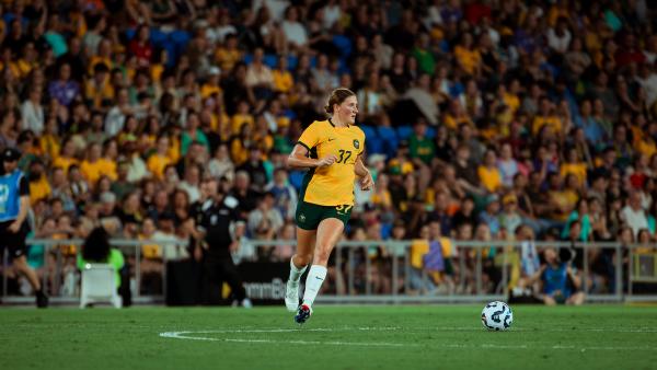 Natasha Prior making her international debut for Australia against Brazil at Cbus Super Stadium, Gold Coast. (Photo: Tiffany Williams/Football Australia)