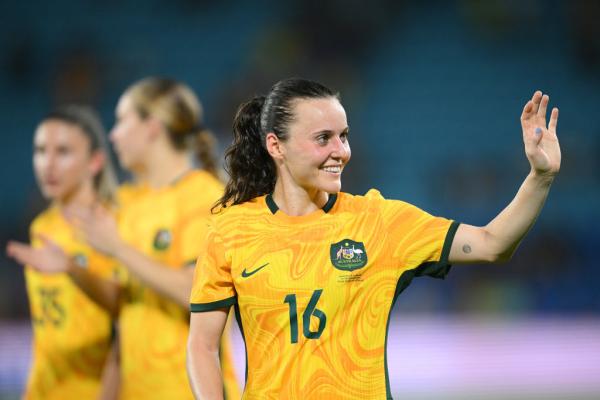 GOLD COAST, AUSTRALIA - DECEMBER 01: Hayley Raso of Australia acknowledges the fans after the team's defeat in the International Friendly match between the Matildas and Brazil at Cbus Super Stadium on December 01, 2024 in Gold Coast, Australia. (Photo by Matt Roberts/Getty Images)