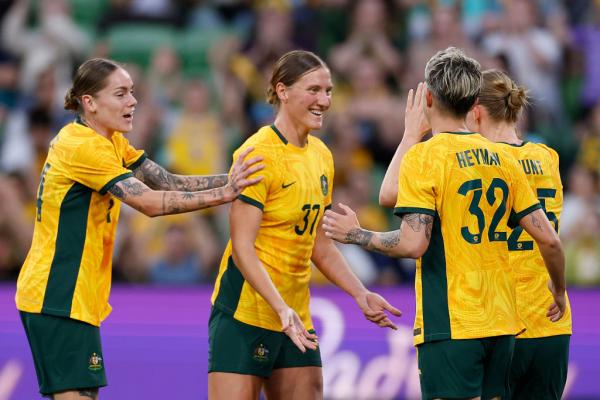 MELBOURNE, AUSTRALIA - DECEMBER 04: Natasha Prior of Australia celebrates with team mates after scoring a goal during the International Friendly match between Australia Matildas and Chinese Taipei at AAMI Park on December 04, 2024 in Melbourne, Australia. (Photo by Daniel Pockett/Getty Images)