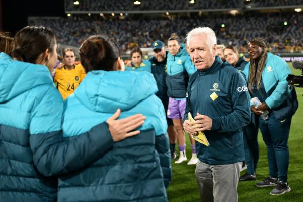GEELONG, AUSTRALIA - DECEMBER 07: Tom Sermanni interim head coach of Australia addresses the players at full time during the International Friendly Match between the Australia Matildas and Chinese Taipei at GMHBA Stadium on December 07, 2024 in Geelong, Australia. (Photo by Quinn Rooney/Getty Images)