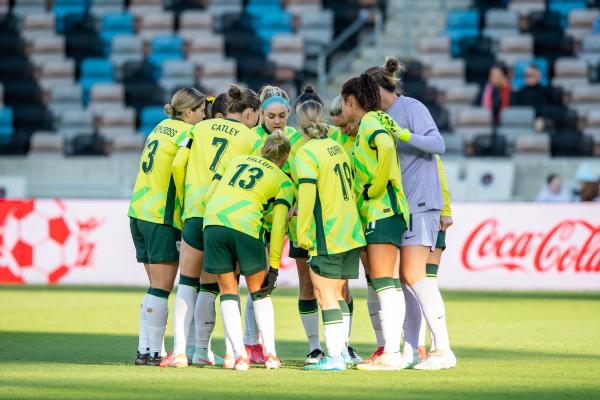 CommBank Matildas in huddle before match against Japan. Photo: Trask Smith