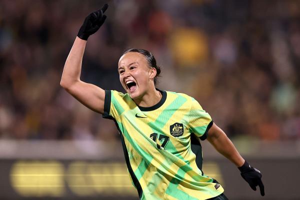 CANBERRA, AUSTRALIA - JUNE 02: Amy Sayer of Australia celebrates scoring a goal during the International Friendly match between Australia Matildas and Argentina at GIO Stadium on June 02, 2025 in Canberra, Australia. (Photo by Matt King/Getty Images)